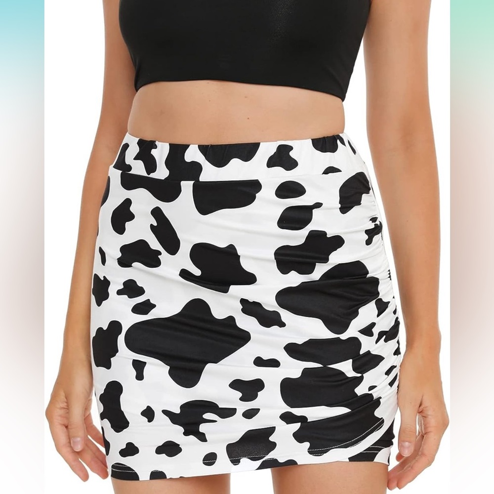 NWT Verdusa Ruched High Waist Cow Print Skirt - Size S